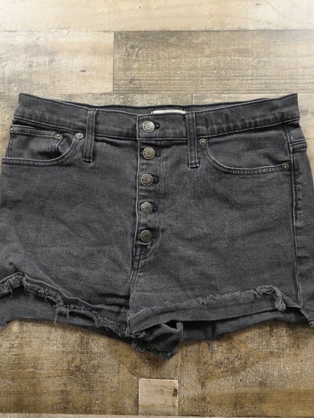 Madewell High Rise Button Fly Denim Shorts Women’s 31 Black Distressed 3" Inseam